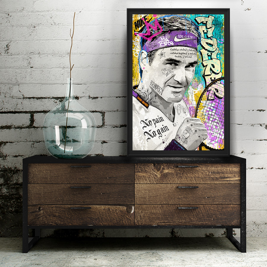 tableau deco pop art roger federer joueur de tennis artiste romaric